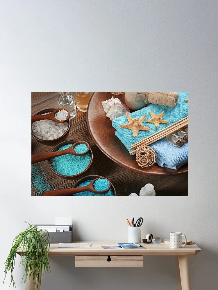 Ultimate Spa Serenity: Still Life with Towels & Seashells Art Print Canvas Poster, Living Room Decor, Home Wall Picture