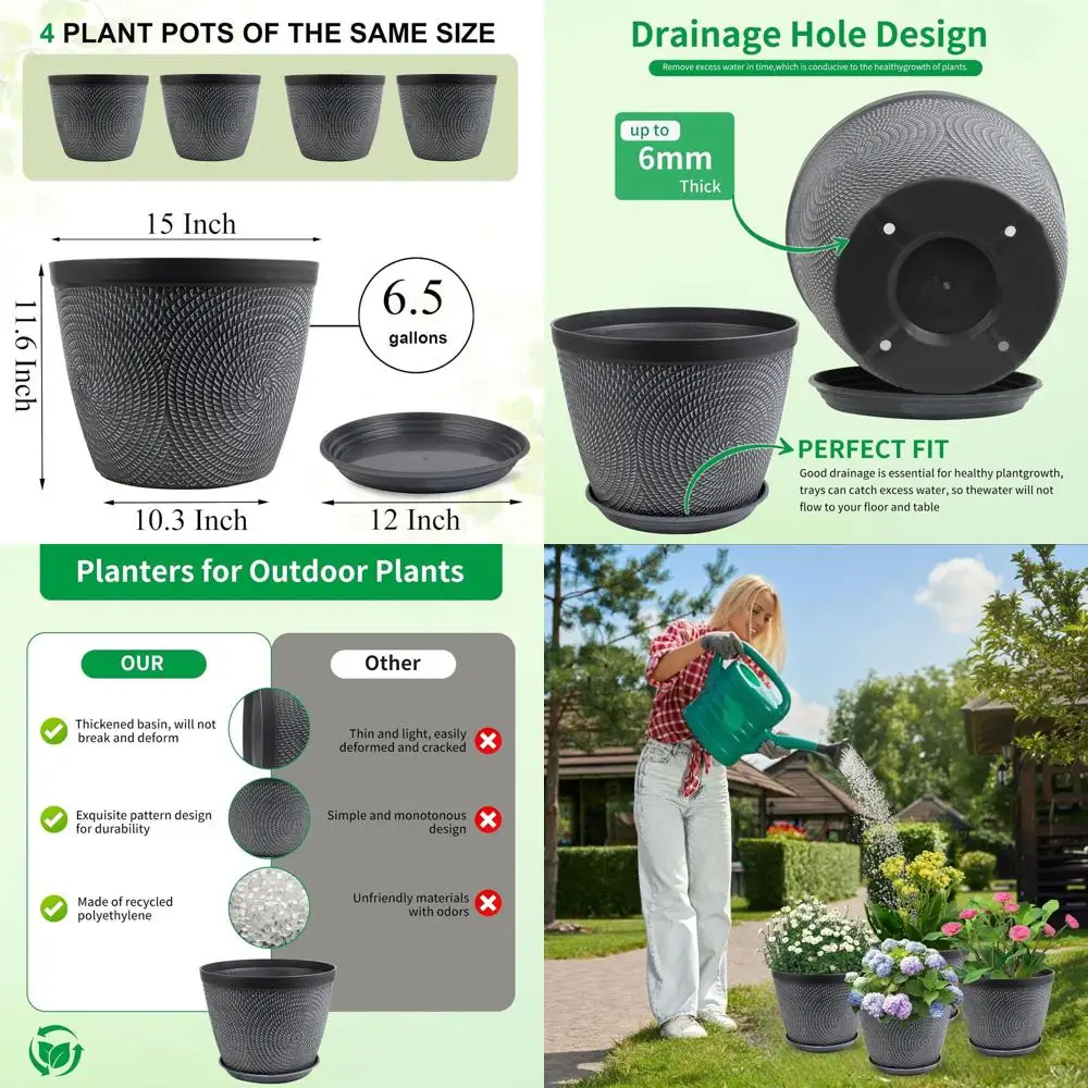 

Set of 4, 15 Plastic Planters for Outdoor/Indoor Use, Drainage & Saucer Included, Gray Decorative Pots for Gardens and Home