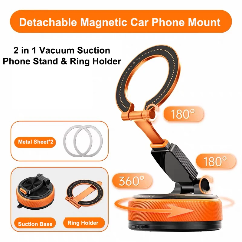 

Strong Magnetic Vacuum Suction Car Phone Holder Mount Detachable Foldable Phone Ring Stand For IPhone 17 16 15 14 Plus Pro Max