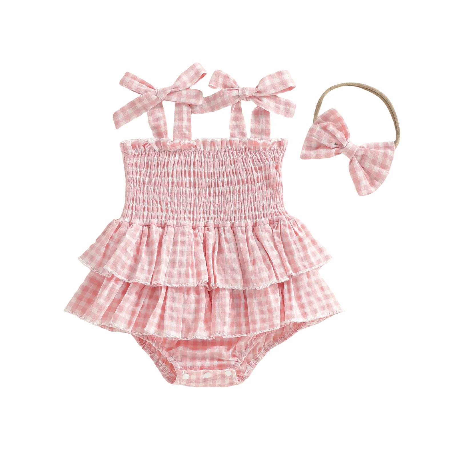 

0-18M Newborn Baby Girls 2 Piece Outfits Sleeveless Square Neck Plaid Ruffled Layers Romper Dress with Bow Headband