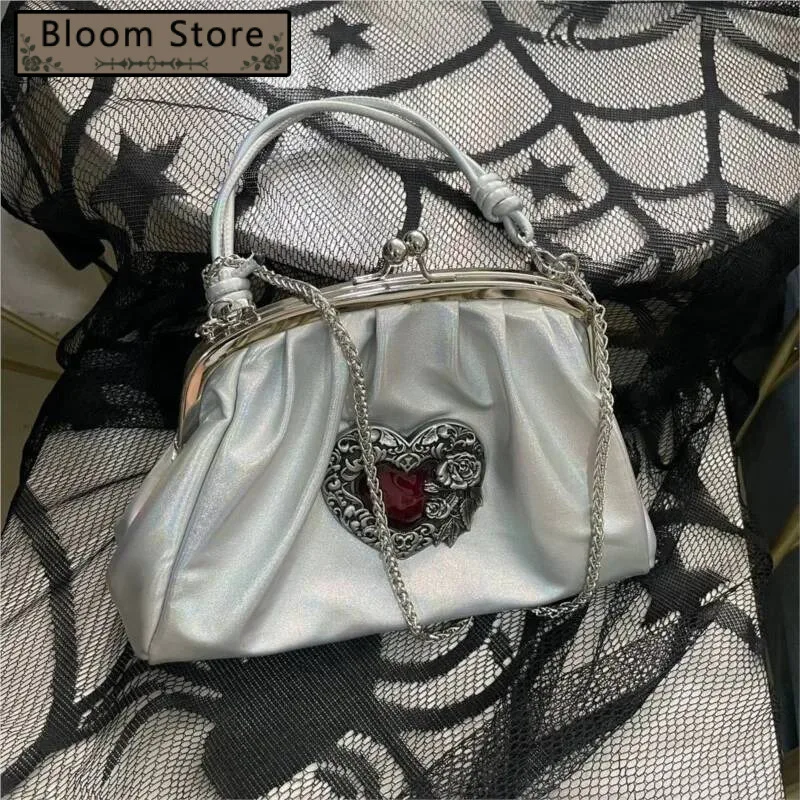 

Bloom Retro Laser Heart Niche Design Handbag Women Chain Pleated Petite Shoulder Ladies Y2k Aesthetics Crossbody Bag Purse