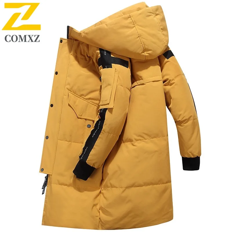 

COMXZ 2025 Mens Winter long Thick Puffer Jacket American style waterproof windproof Detachable Hood lightweight windbreaker