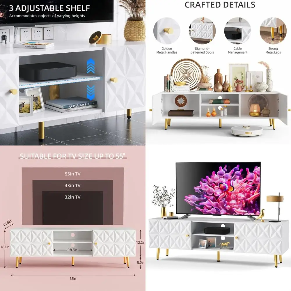 

Modern 55 TV Stand with Adjustable Shelf, White & Gold Entertainment Center, Living Room Media Console with Storage