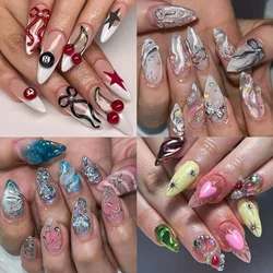10Pcs Handwork Customization Press On Nails Art Magic Mirror Powder 3D Cherry Bow Pearl Rhinestone Almond Shell Gel Fake Nails
