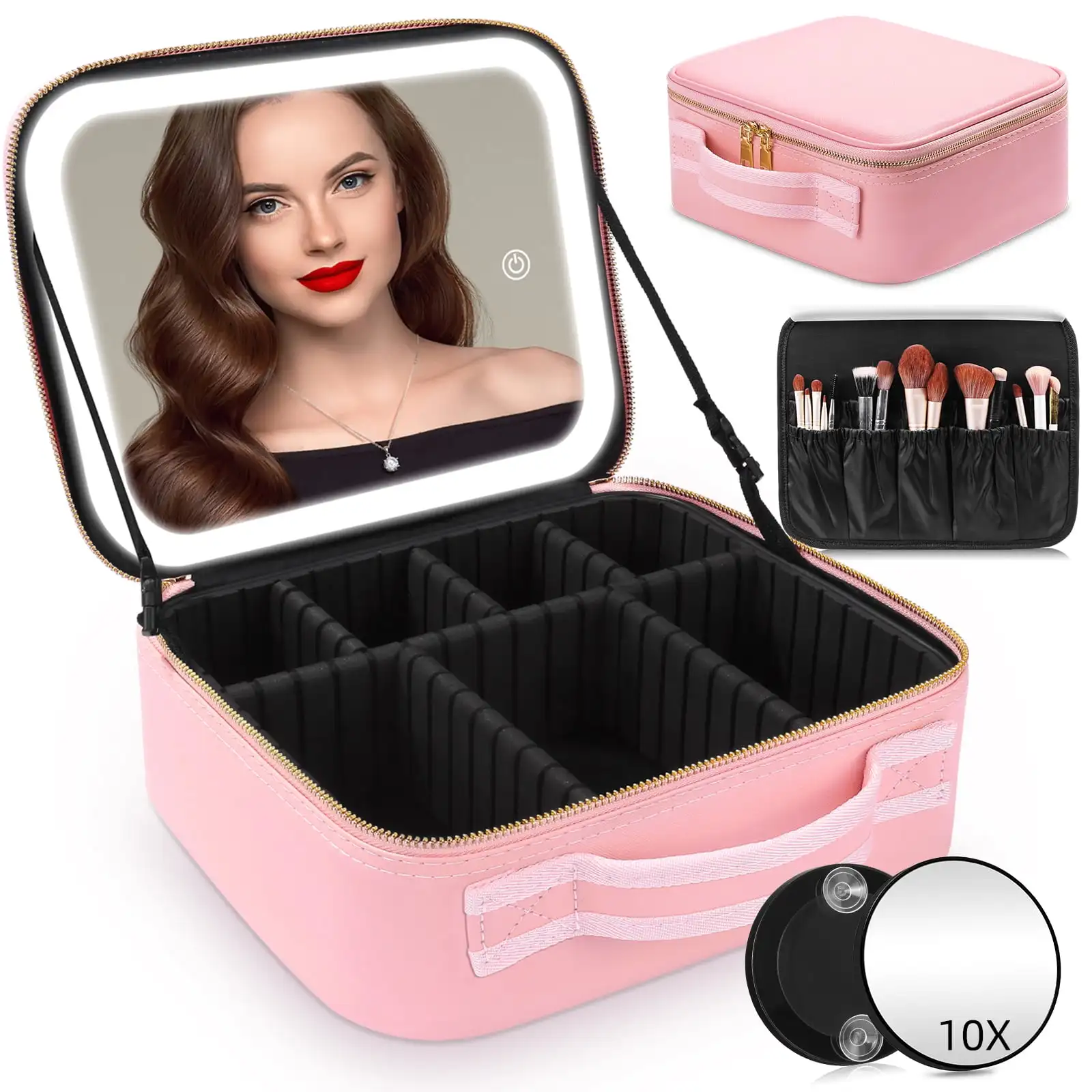

Travel Makeup Train Case with LED Lighted, Adjustable Dividers, and Detachable 10xMagnifying Mirror，Pink