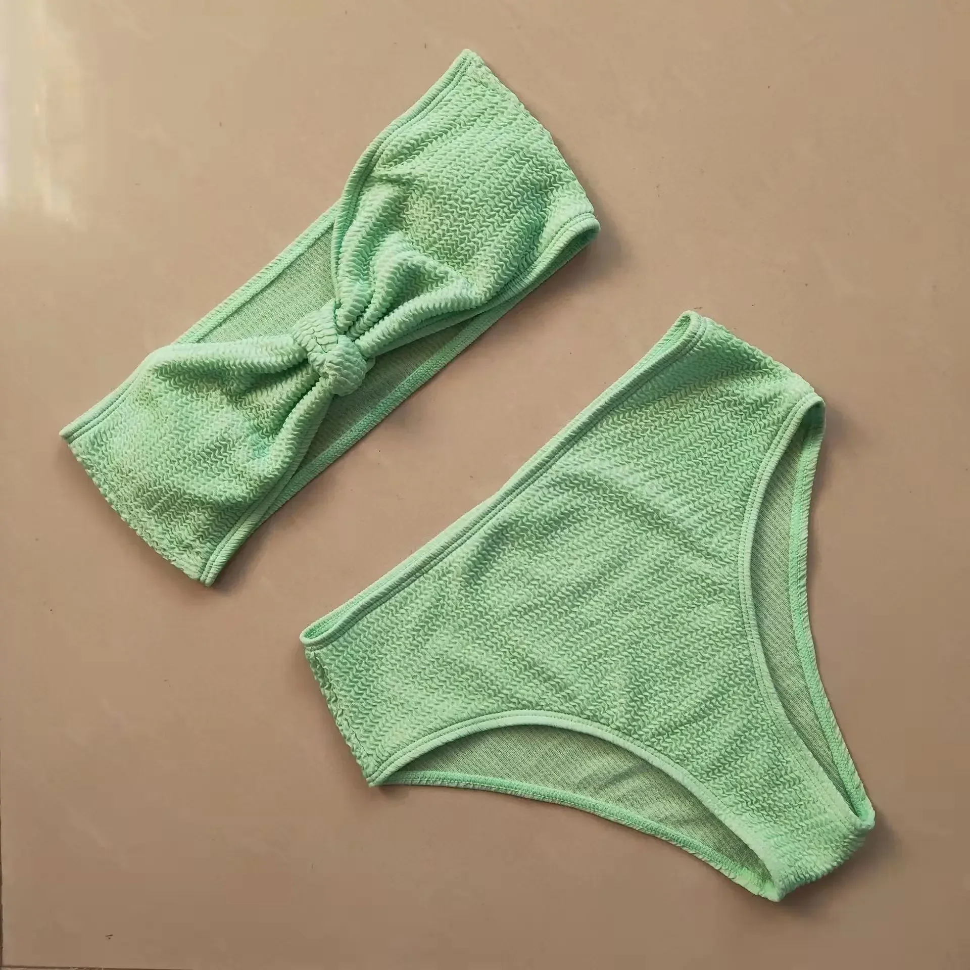 2024 Zomer Womens Getextureerde Hoge Taille Bikini Borstknoop Badpak Oranje Groen Badpak Voor Dames Badkleding