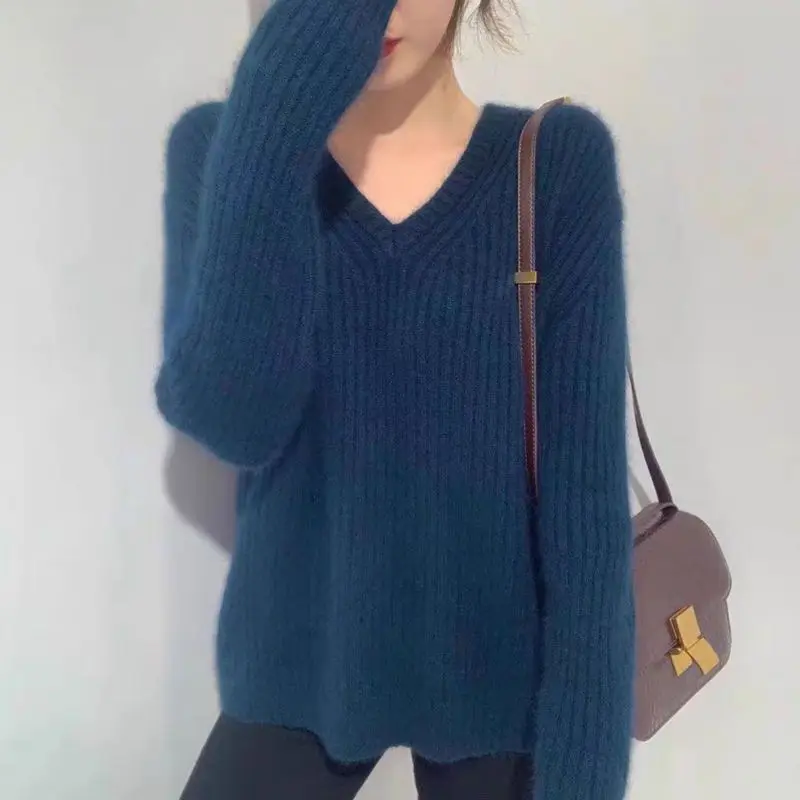 Lazy Style Loose Pullover Sweater Women's 2023 Autumn/Winter Korean Version New Long Sleeve V-Neck Knitted Solid Color Underlay