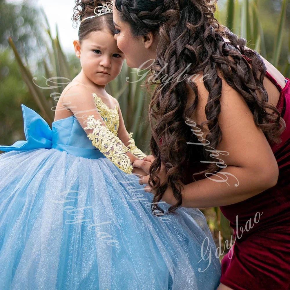 Vestidos de niña de flores de manga larga para boda, vestido de princesa de encaje dorado para desfile, vestidos largos de fiesta de cumpleaños y comunión para niños pequeños