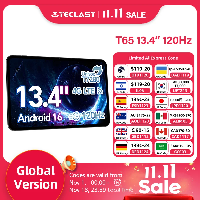 테클라스트 T65 태블릿, 13.4인치 2K 120Hz 디스플레이, 유니소크 T7280 옥타 코어 프로세서, 최대 26GB RAM, 128GB/256GB ROM, 8000mAh 배터리, 안드로이드 16, LTE 지원.