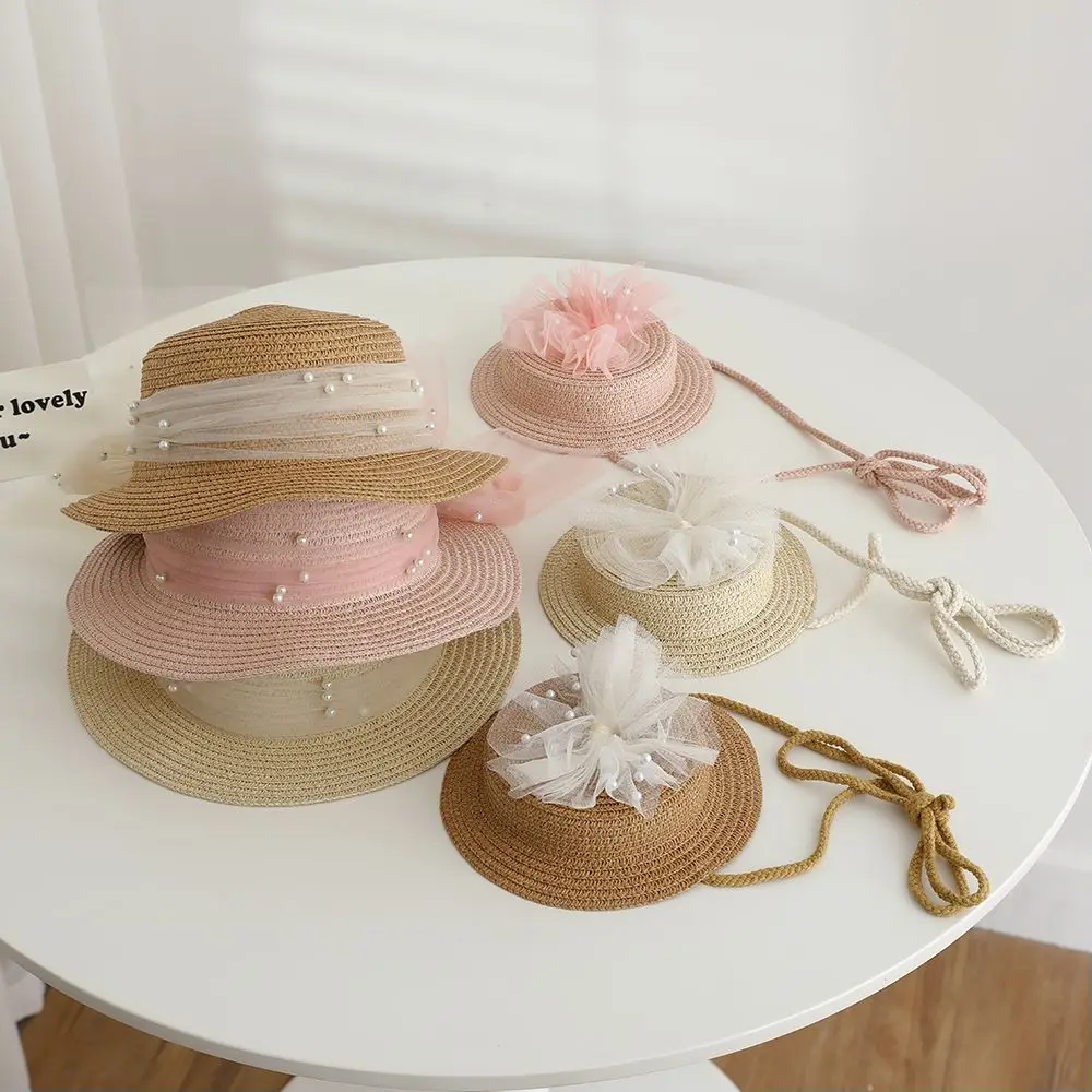 2pcs set Girls Straw Hat Shoulder Bag Kids Summer Holiday Fisherman Hats Baby Princess Lace Pearl Bowknot Beach Straw Sun Cap