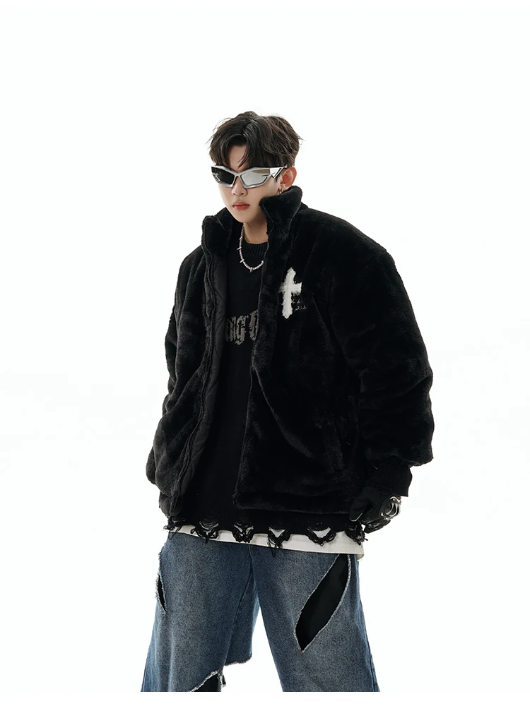 Imitation Rabbit Fur Parka Men Women Hip-hop Letters Embroidery Crucifix Fleece Jacket Winter Harajuku Casual Unisex Outerwear