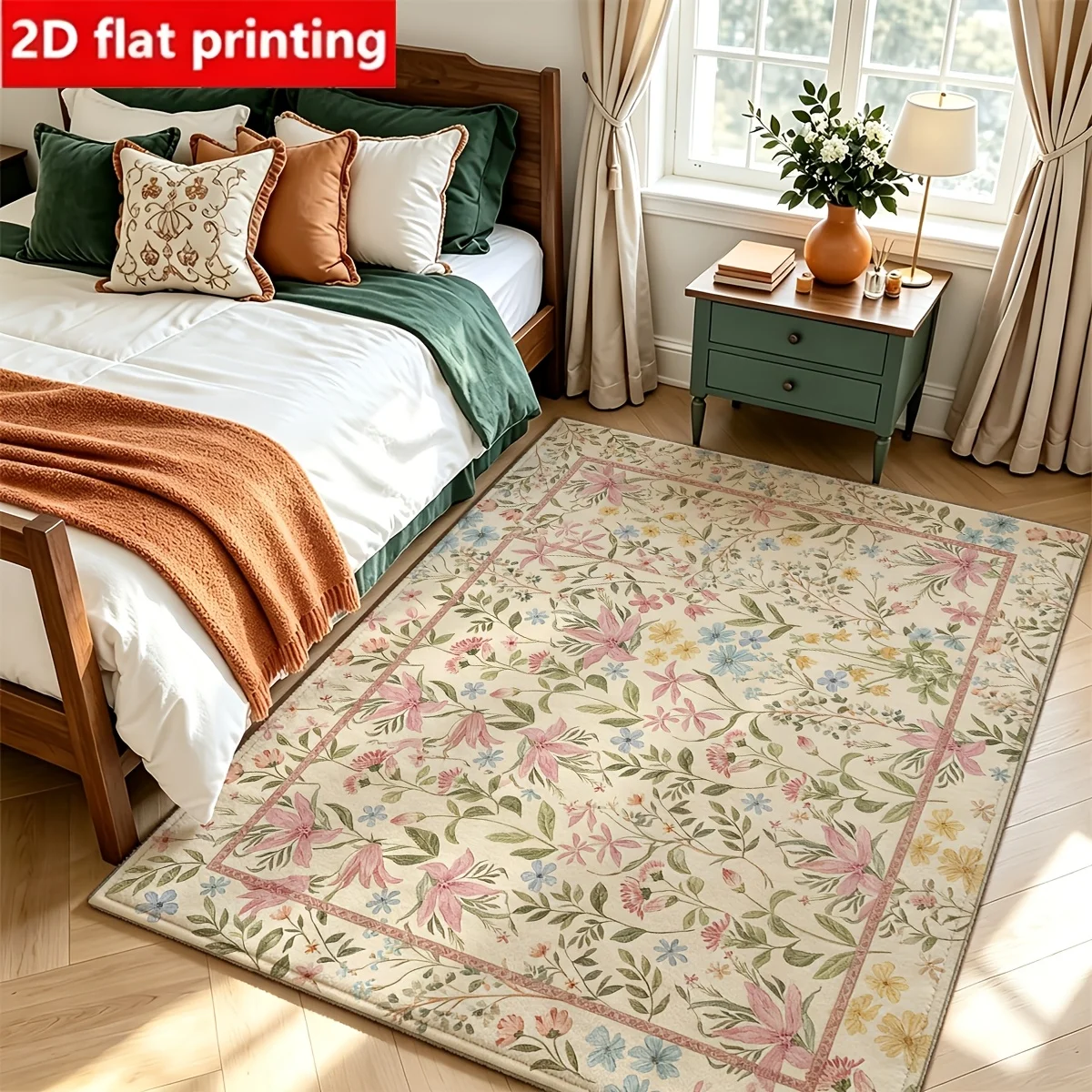 1pc 2D Flat Vintage Floral Botanical Printed Floor Mat, Decorative Rug for Living Room, Bedroom, Home