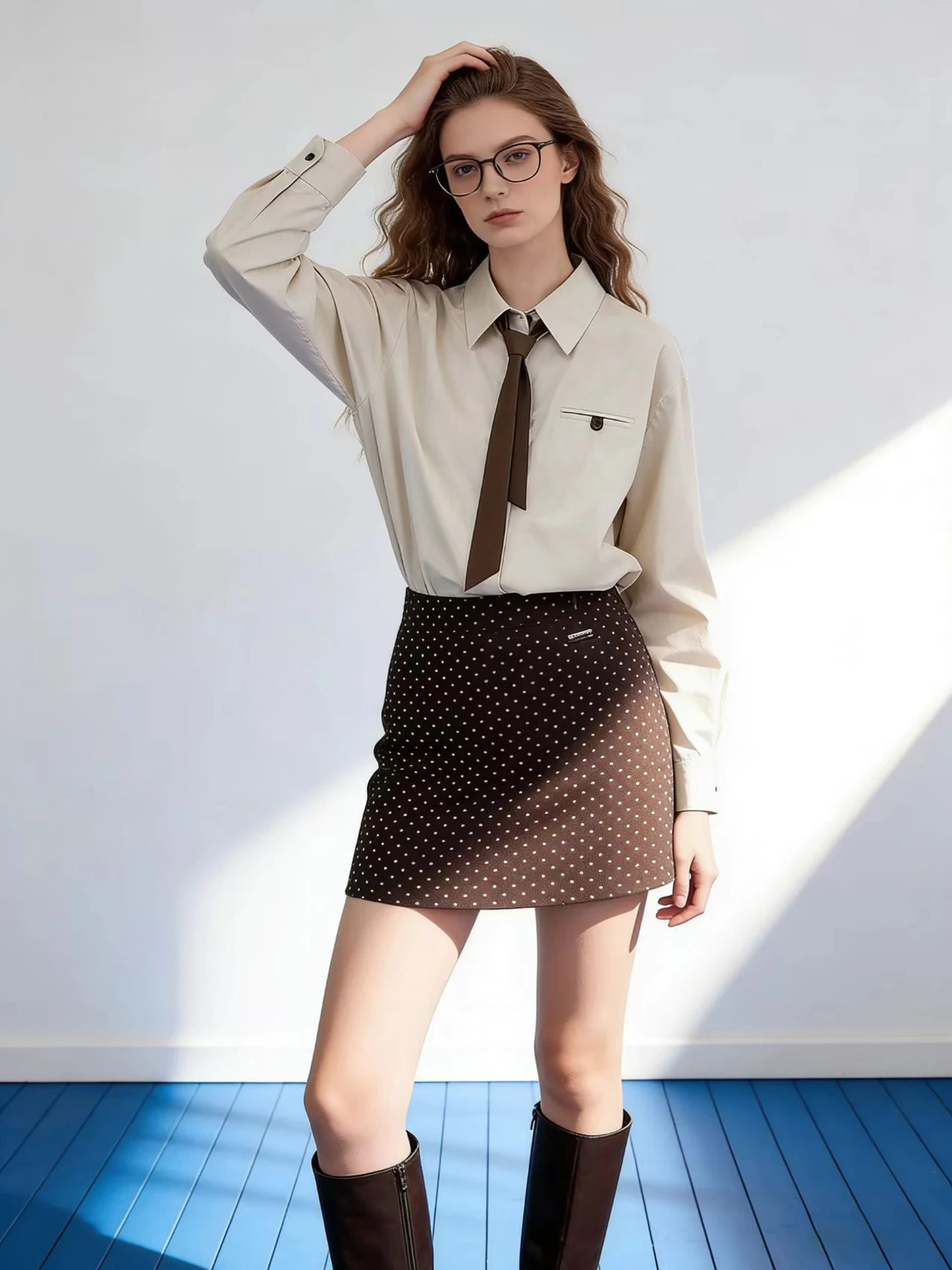 

HUAAPPUW High nce Color Contrast Collar irt Buttoned Tie Khaki Color Retro Sle Women's Cotton Long Sve irt