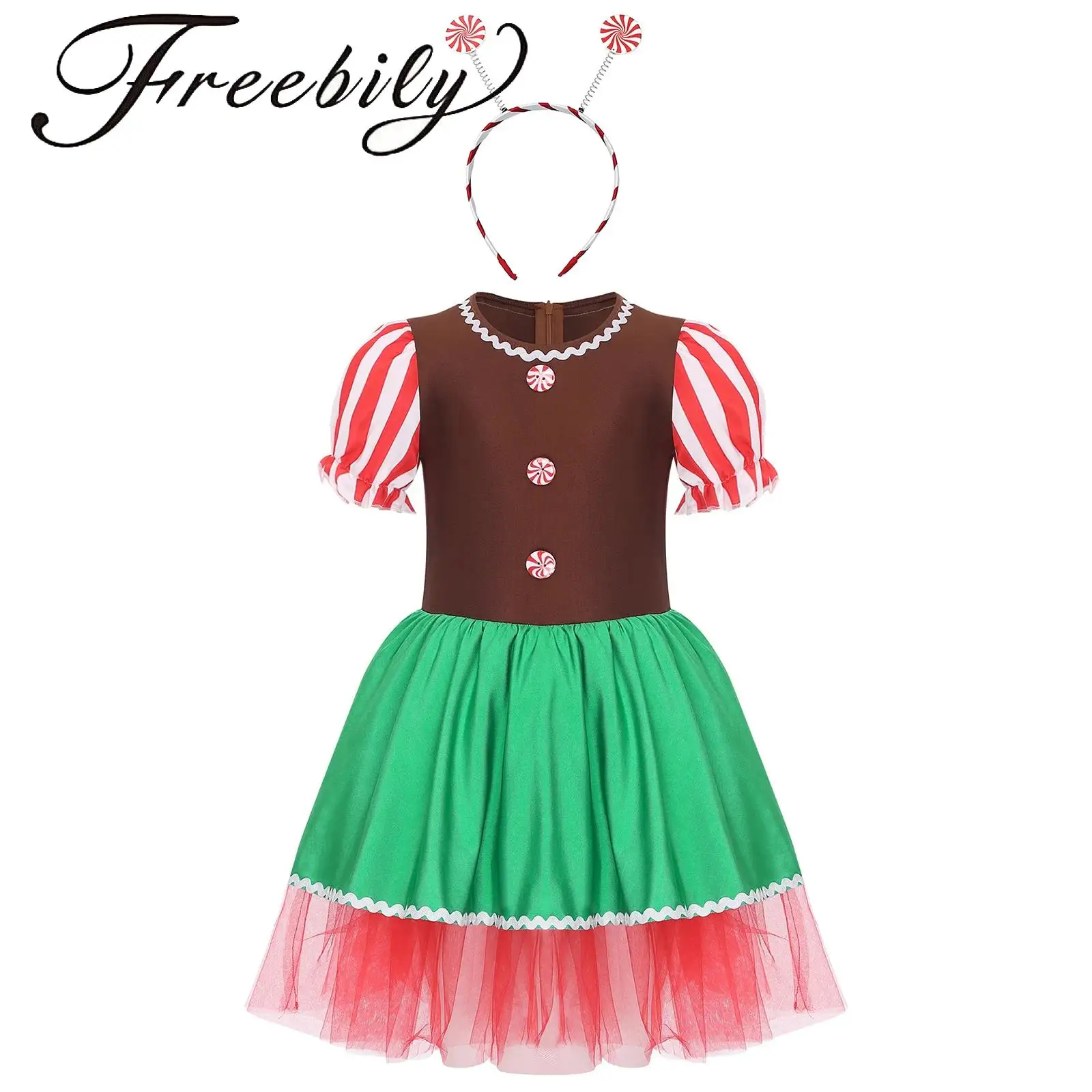 

Girls Christmas Santa Cookie Cosplay Gingerbread Man Costumes Puff Sleeves Candy Cane Ballet Tutu Dress Figure Skating Leotard