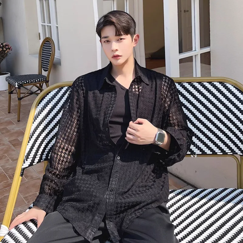 

SYUHGFA Plaid Men's Shirts Summer New Trendy Single Breasted Style Loose Sunscreen Long Sleeve Male Shirt Korean Men Top
