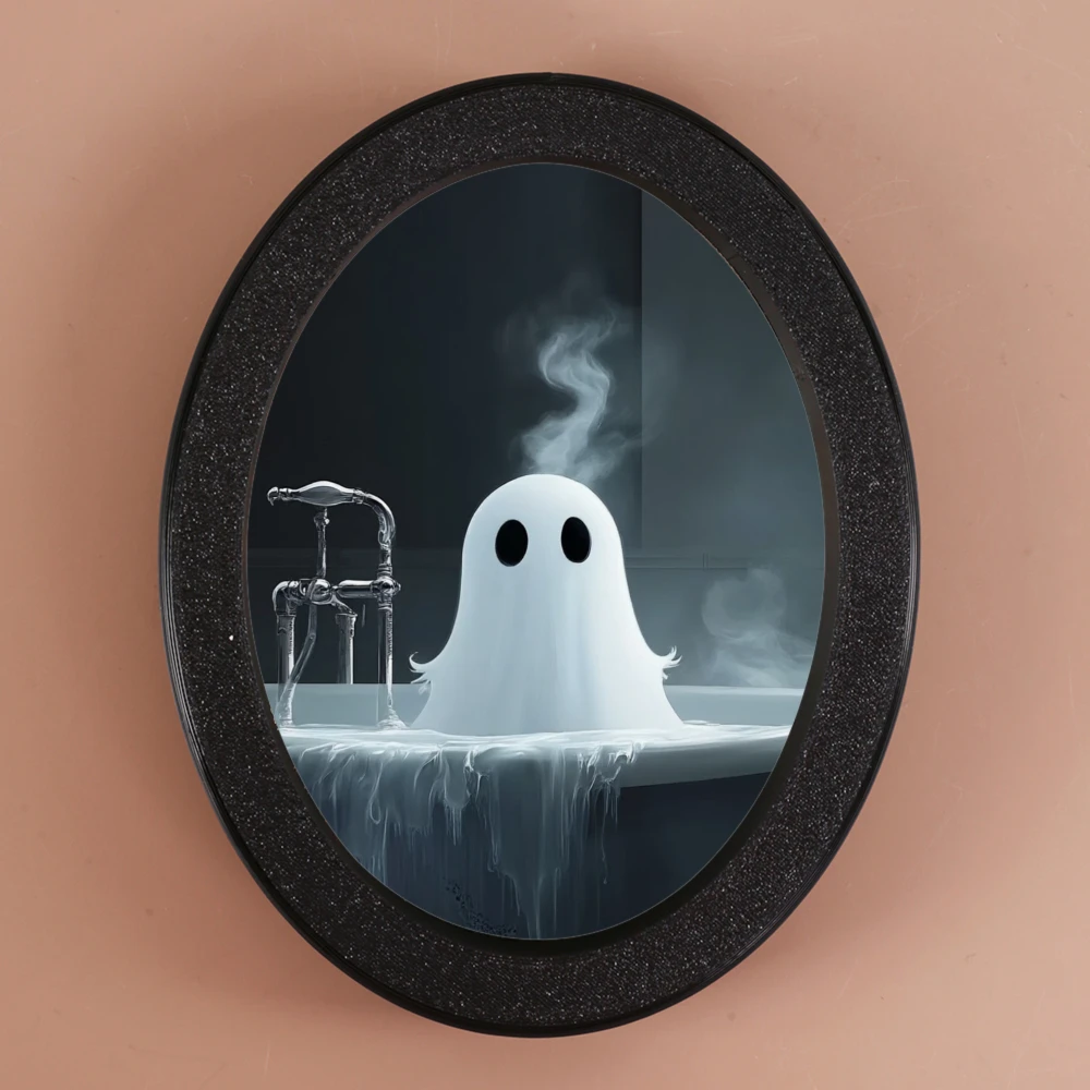 

Цельная овальная рама в стиле фэнтези на Хэллоуин, разработанная с иллюстрацией призрака в ванне, подходит для домашней стены