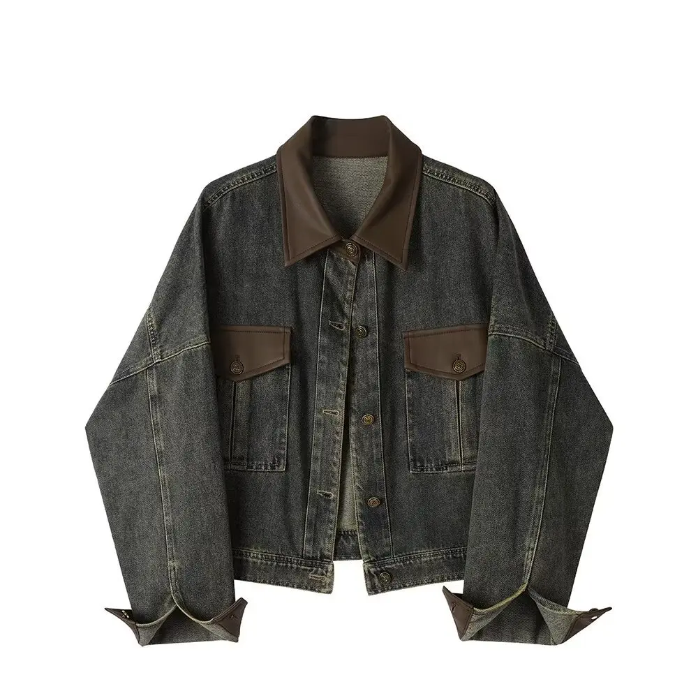 

American Retro Pu Patchwork Denim Jackets Washed Distressed Turn Down Collar High Street Jean Coats Loose All-Match Outerwears