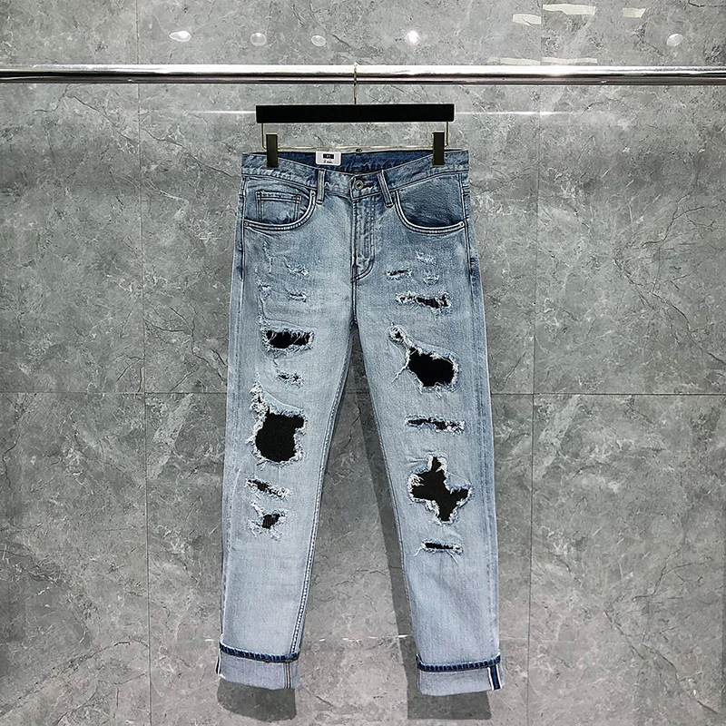 

Hole Patch Jeans Men High Quality Light Blue Washed Street Wind Denims Trousers Fashion Casual Straight Barrel Pure Cotton Pants