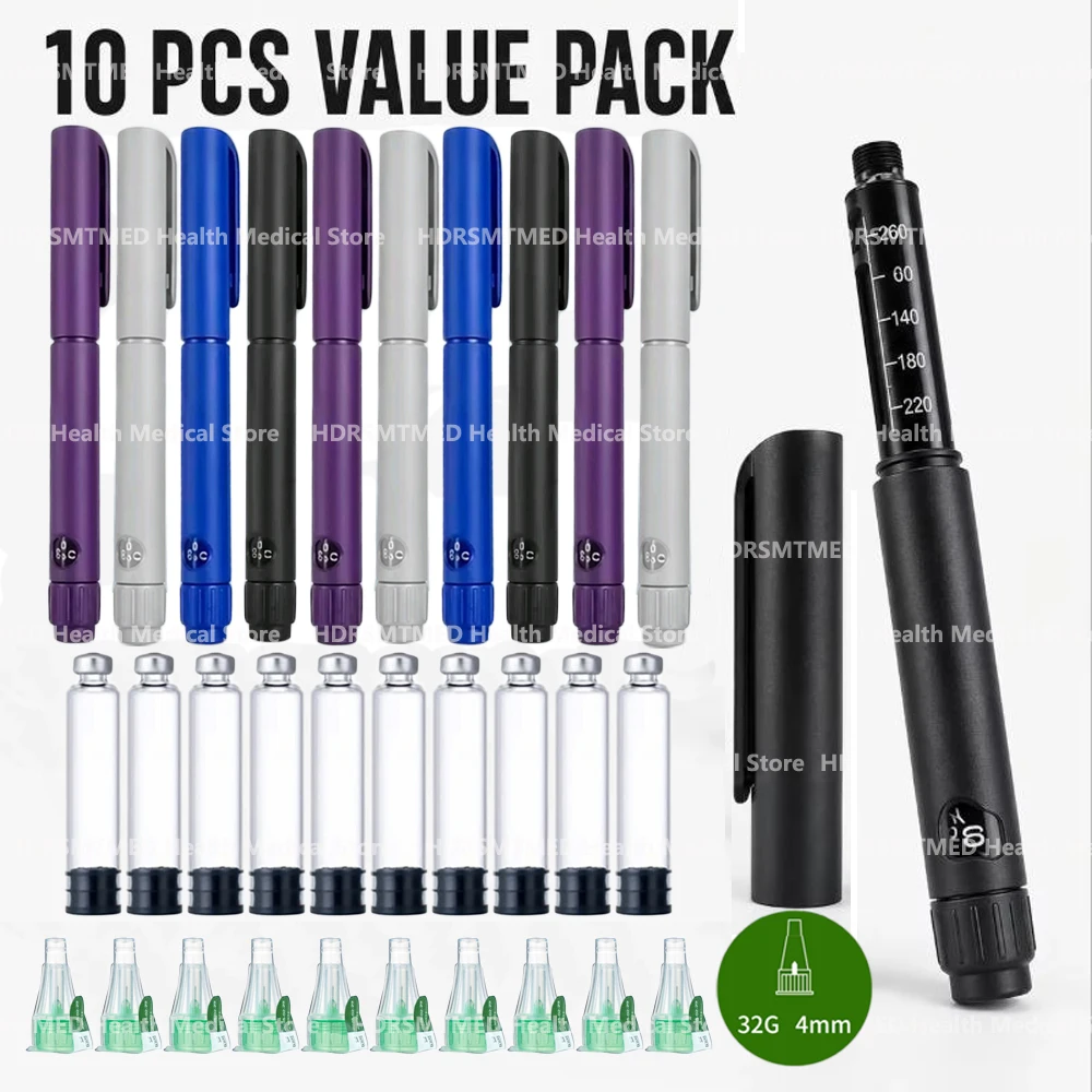 

10PCS Disposable Sterile Rotary Push Insulin Injection Pen Adjustable Growth Hormone Dosage 60U with Cartridges & Pen Tip