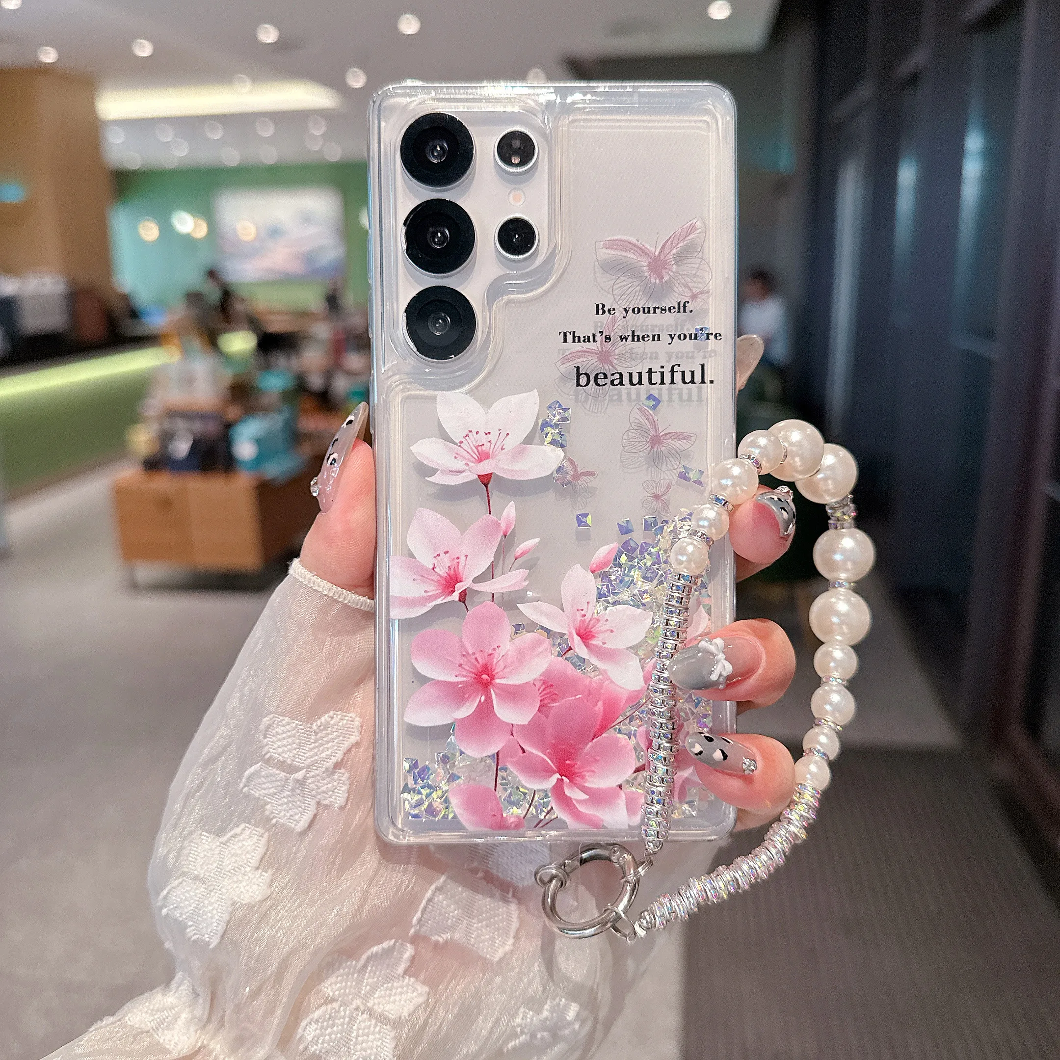 

Luxury Luminous Quicksand Glitter Cotton Kapok flower Phone Case for Samsung Galaxy S22 Plus S24 S25 Ultra S23 With lanyard Case