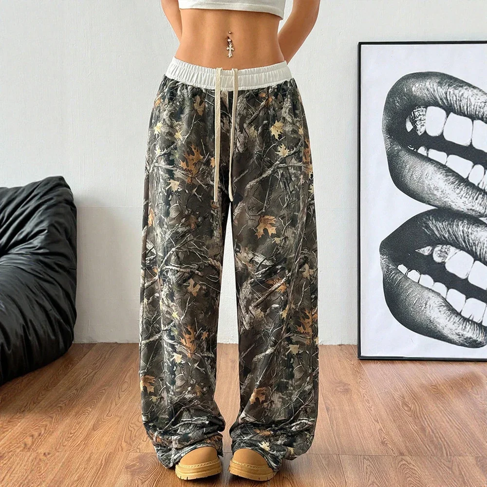 

Женские брюки, летние модные прямые брюки полной длины с ботаническим принтом контрастного цвета на шнуровке и высокой талией для женщин