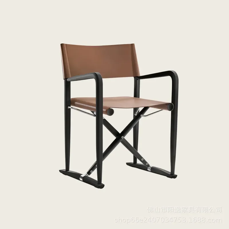 Luxury Teak Wood Folding Director Chair with Saddle Leather Seat for Outdoor Garden Terrace Villa Patio Designer Leisure