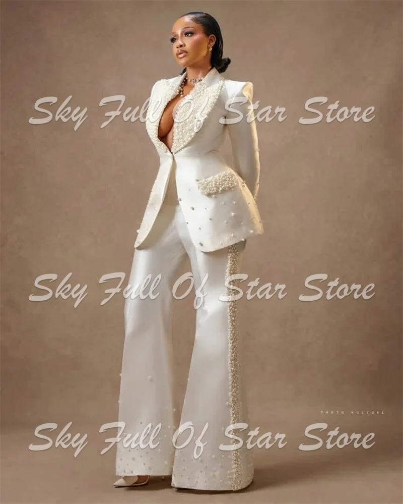 White Women Suit Set 2 Pcs Satin Heavy Pearl Beaded Blazer Flare Pants Custom Formal Bridal Wedding Evening Party Lady Jacket view 4