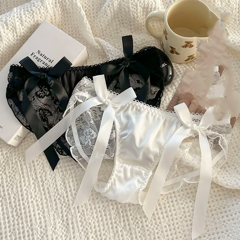 3 قطعة/المجموعة السيدات مثير شبكة سراويل منتصف الخصر سلس الدانتيل الملابس الداخلية ملخصات النمط الياباني فتاة شابة الملابس الداخلية الوردي القوس الملابس الداخلية