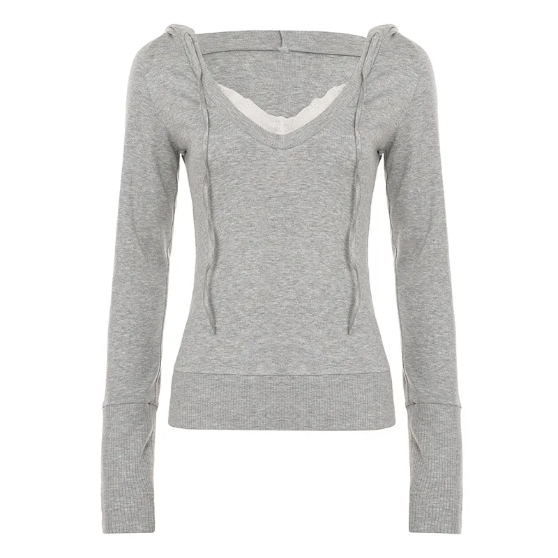 T-shirt à capuche et col en v pour femme, couleur assortie, à manches longues, slim, américain, décontracté, Spice Girl, veste vent pur, nouvelle collection