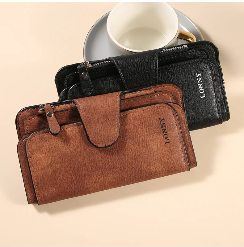 Damen-Geldbörse, dreifach gefaltet, lang, aus Wildlederimitat (PU), mit Druckknopfverschluss und Reißverschluss, viele Kartenfächer, großes Fassungsvermögen, Damen-Clutch-Geldbörse. – Detail 6