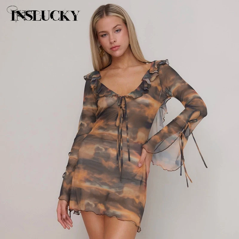 

InsLucky Summer Women Beach Dresses Long Sleeve Bandage Mesh Print Long Slim Sexy Backless Mini Dress Vintage Coquette Aesthetic