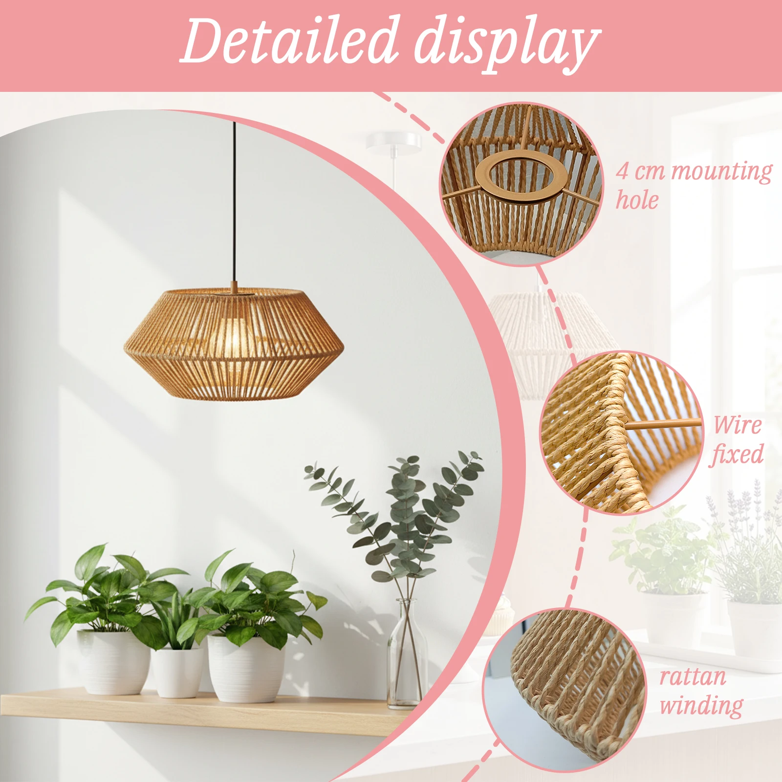32cm Hand Woven Hexagonal Rattan Pendant Lampshade, Natural Hollow Wicker Lamp Cover 4cm Top Hole for Dining Cafe Farmhouse Deco