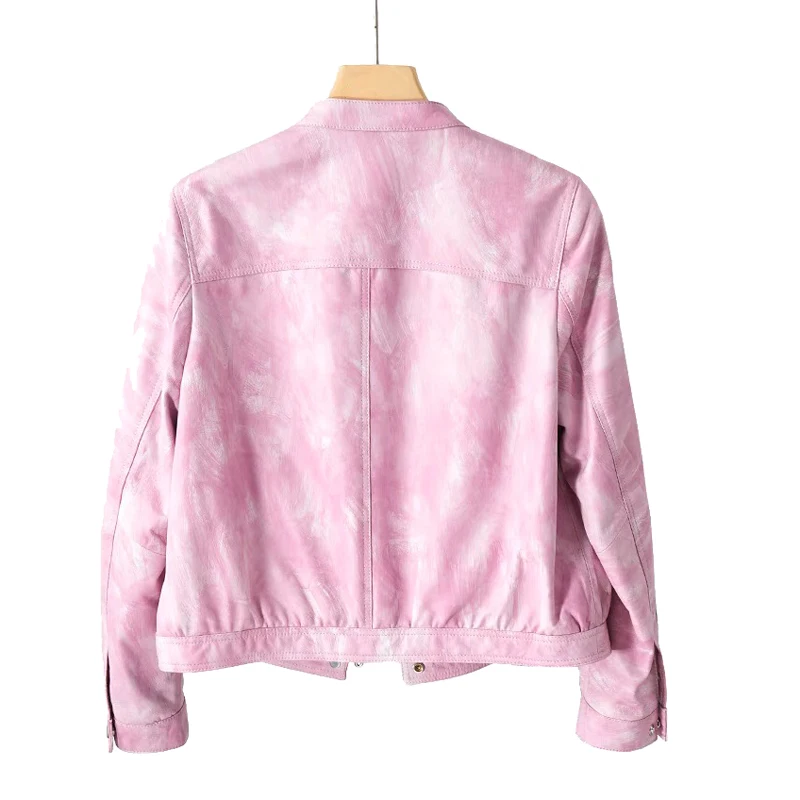 Pink Leather Cropped Jacket For Women 2024 Autumn Stand Up Collar Pocket Real  Leather Short Coat Feminino Locomotive Jaqueta