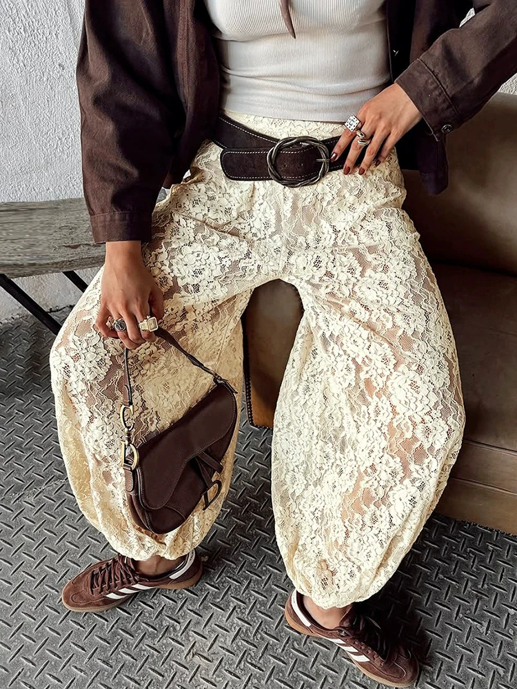 Spring Summer New See-through Commute Pants High Street Fashion Solid Color Lace Pants Casual Loose Women's Embroidery Trousers