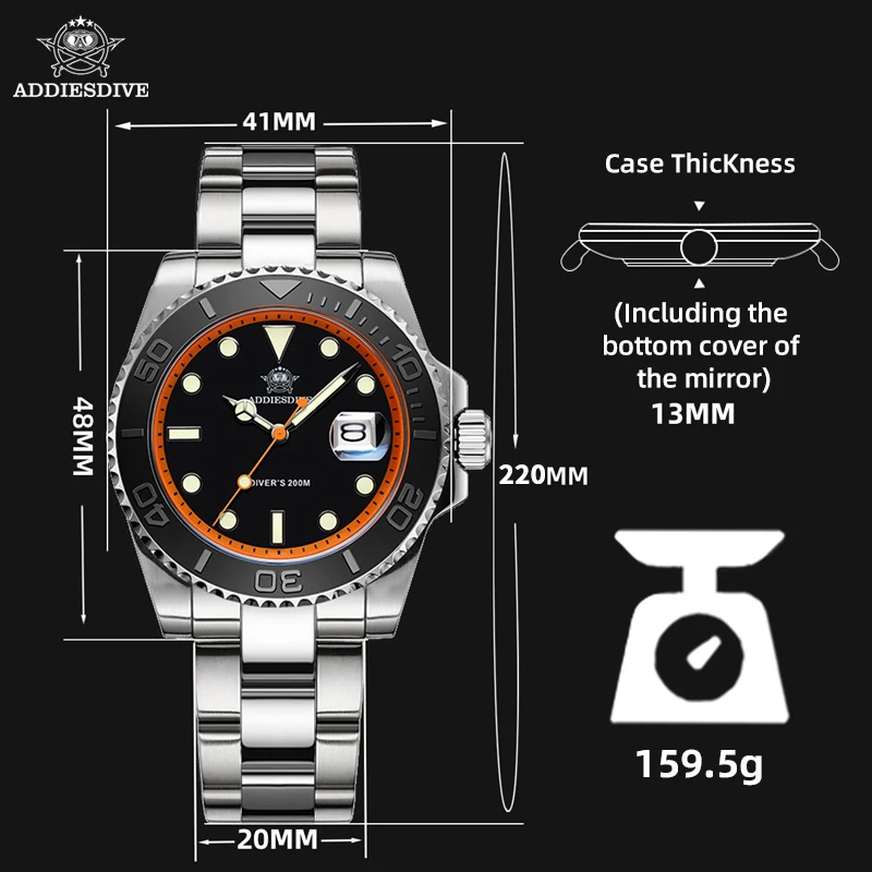 ADDIESDIVE – montre de luxe pour hommes, de haute qualité, 41mm, lunette en céramique super lumineuse, calendrier, étanche à 200m, montre de plongée
