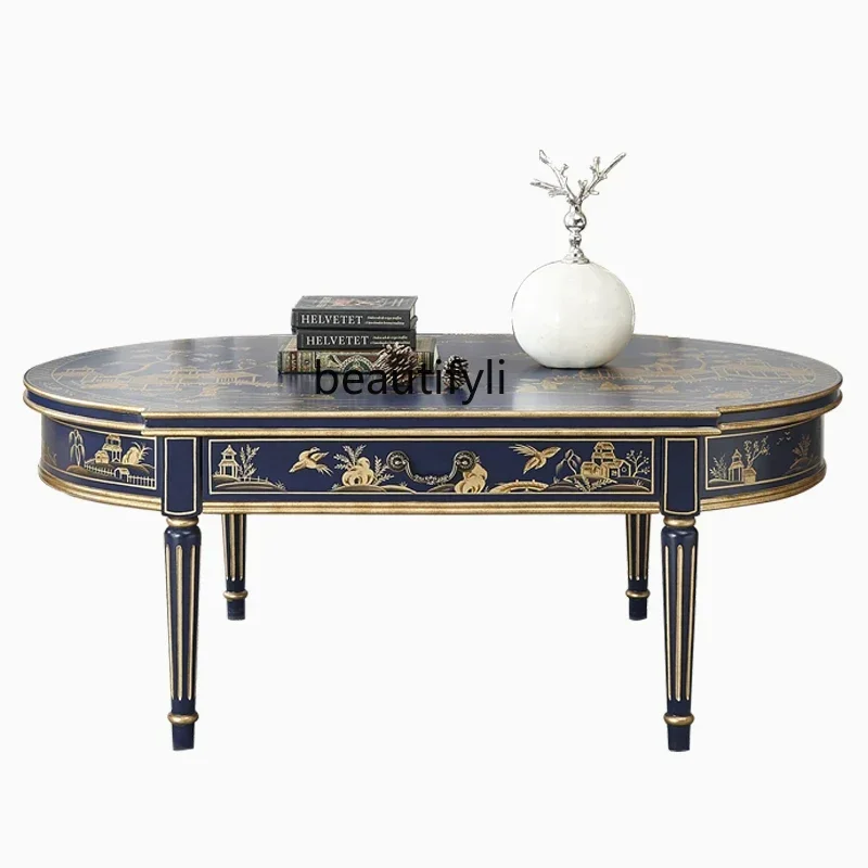 

LXAmerican Country Retro Painted Oval Solid Wood Tea Table Classical Living Room Sofa TableSSS