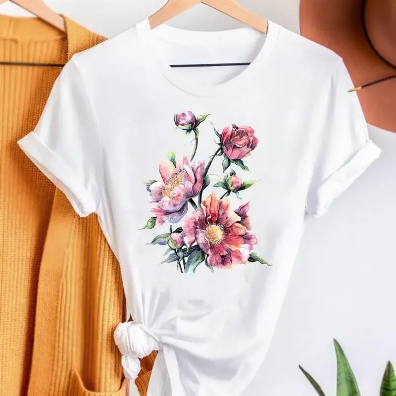 Vintage Flower Print T-shirts Fashion Women Cartoon Summer Shirt Stylish Short Sleeve Graphic T Top Female Tee T-Shirt image 5