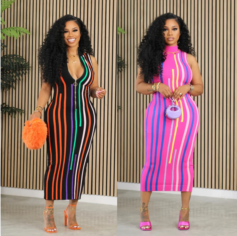 Wmstar Dresses Women Party Sexy Sleeveless Striped Bodycon Fashion Zipper Maxi Long Dress Summer  Wholesale Dropshipping 2024