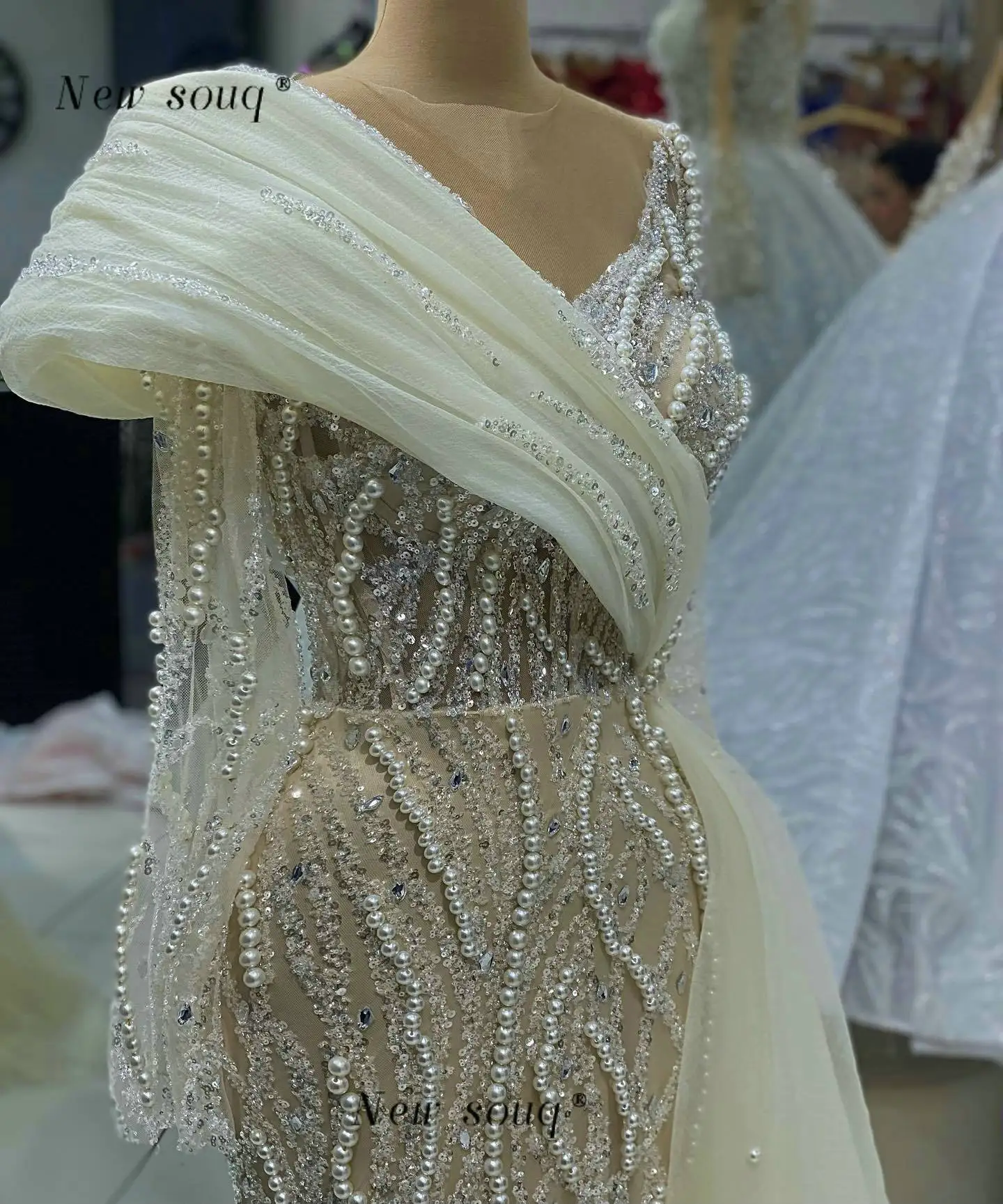 فساتين سهرة بأكمام طويلة مطرزة باللؤلؤ الحريري مع درب جانبي طويل أنيق رسمي لحفلات الزفاف للنساء رداء عربي #3