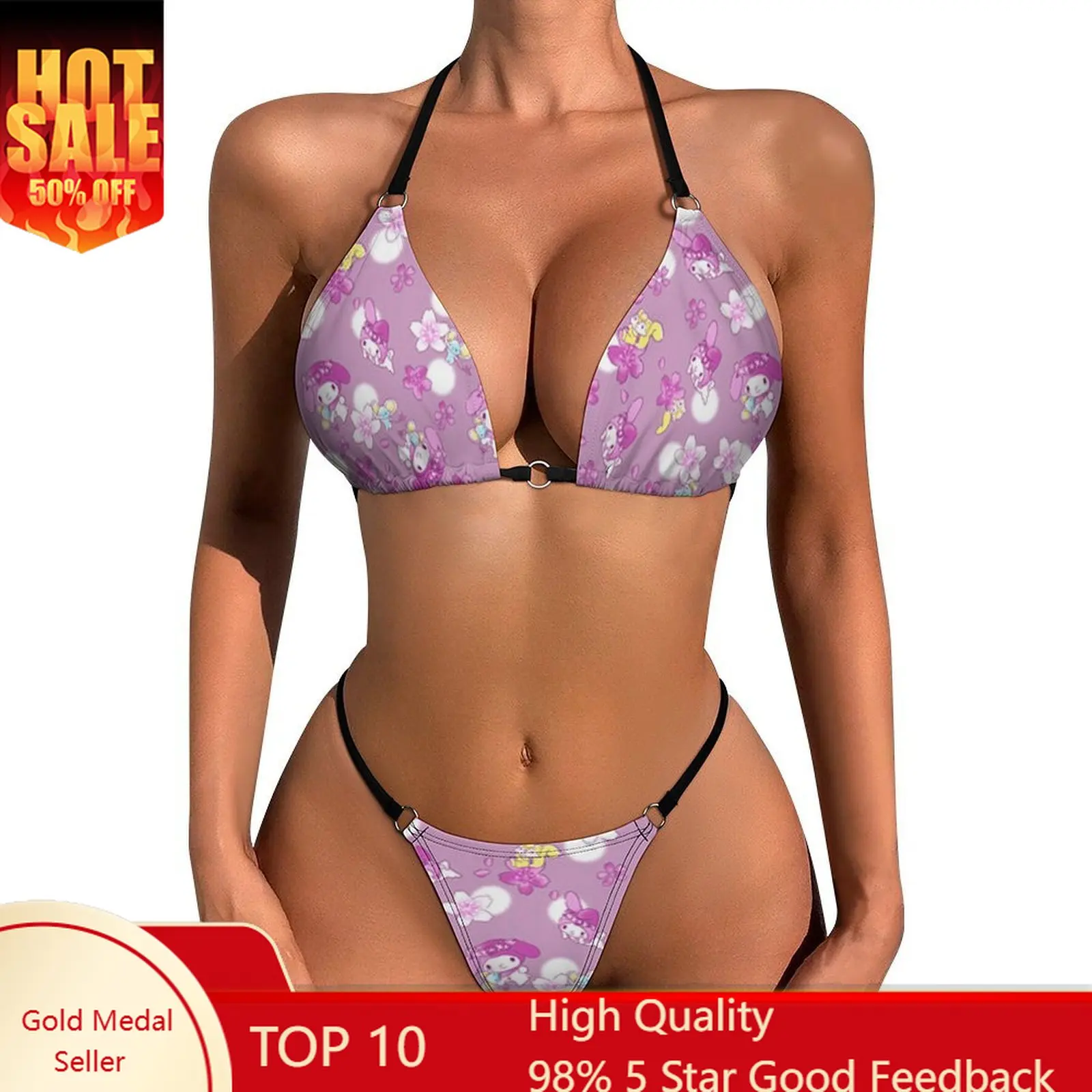 

My Melody Bikini Swimsuits Womans Two Piece Sexy Bikini Set Sanrio Adjustable Ties Bathing Suits Elastic Cartoon Bra and Thongs