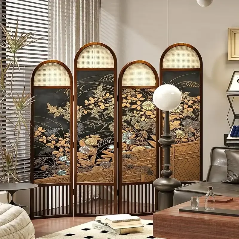 French Retro Rattan Screen Partition Solid Wood Folding Room Divider Antique Background Wall Bedroom Decor Living Room Occlus
