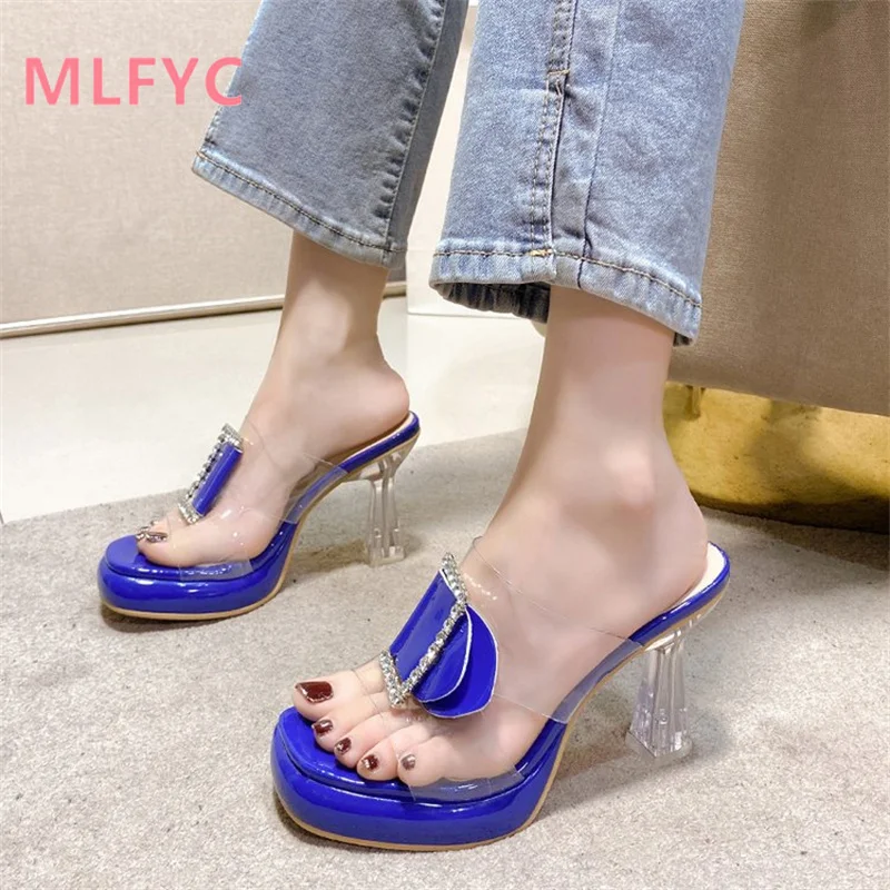 

High Heeled Women Waterproof Platform New Summer Fashion Versatile Slippers Crystal Thick Heel Thick Sole Sandals Mujer Shoes