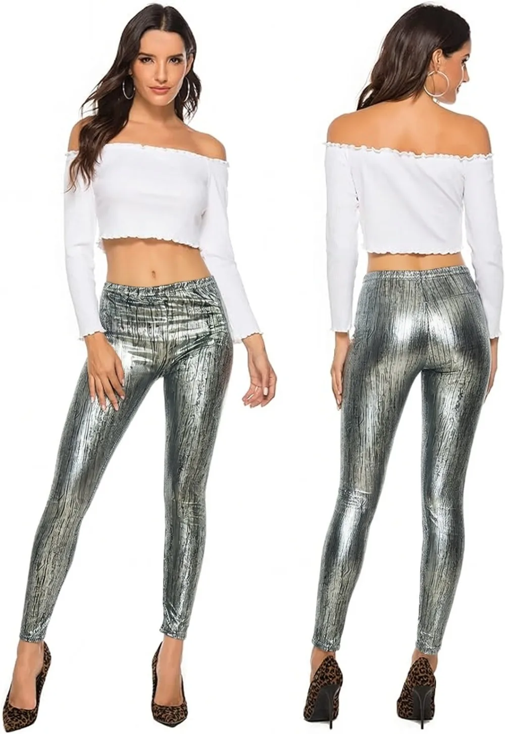 Women's Shiny Metallic Full Length Leggings Tights Costume Pants  Leggings Pants Elastic Shaping Hip Push Up Black Sexy Stretchy