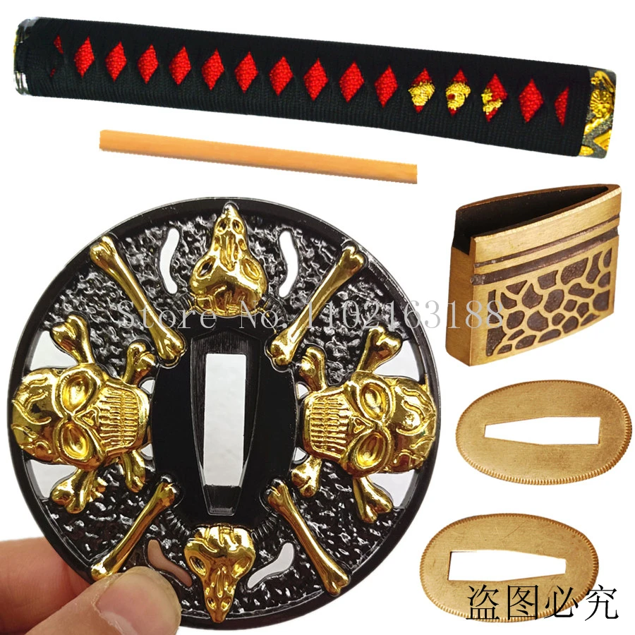 Set Golden skull Tsuba+Menuki+Fuchi+Kashira+Handle+Habaki+Seppa For Japanese Samurai Sword Katana/Wakizashi/Tanto Guard Fittings