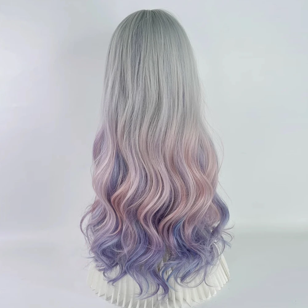 Lolita Ombre Pink Purple Gradient Rainbow Synthetic Long Wavy Women Wig with Bangs Fluffy Hair Wig for Party Cosplay