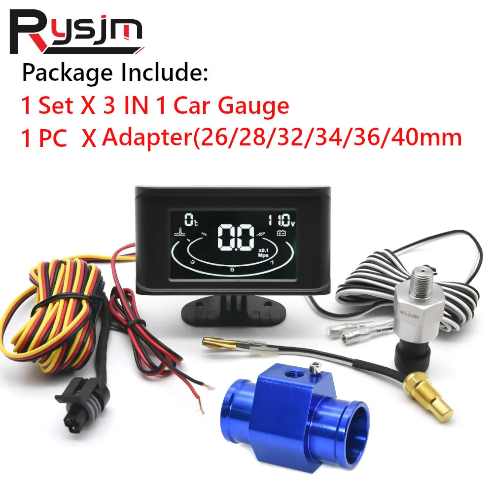 12V/24V Car Truck 3 In 1 LCD Oil Pressure + Voltmeter Volt + Water Temp Meter + Temperature Sensor +Adapter 28mm 30mm 32mm 34mm