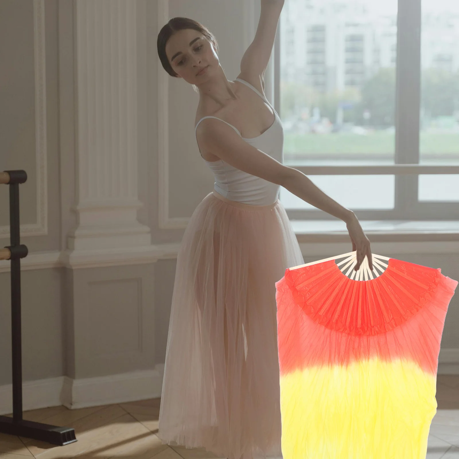 

Silk Belly Dance Long Folding Fan Veil Colorful Lightweight Durable Fan for Belly Dance Yangko Folk Stage Performance