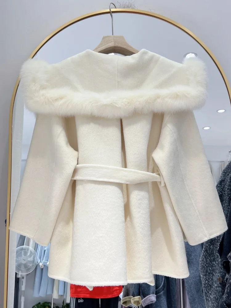 ZMEENNA Womens Hooded Wool Blend Short Coat Faux Fur Trim Shawl Collar Tie Belt Warm Winter Outerwear Oversized ZM4402