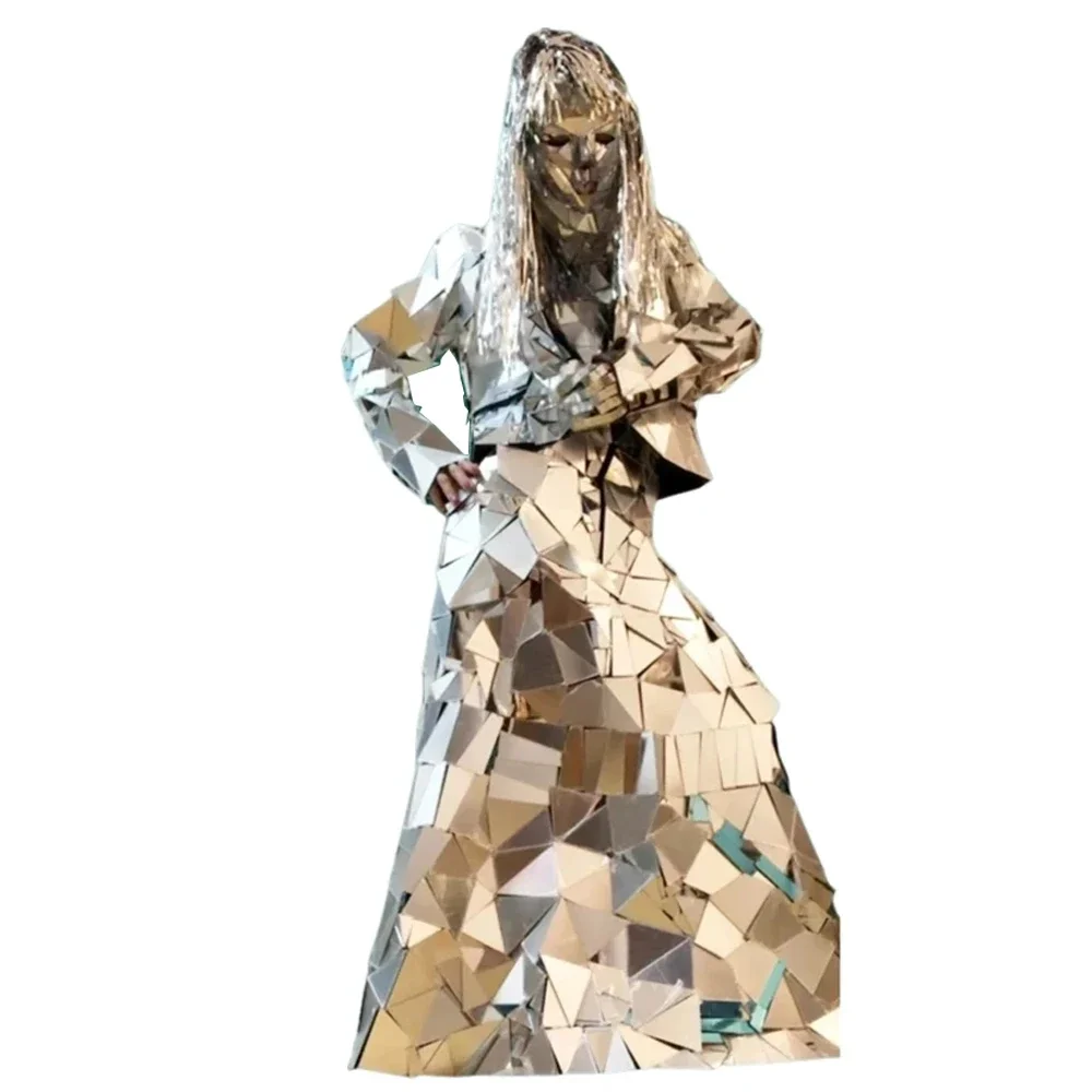 Mirror Glass Dress Blue Gold Silver Shimmering  Party Club Show Outfit for Music Festivals Dance Performances Catwalk Shows