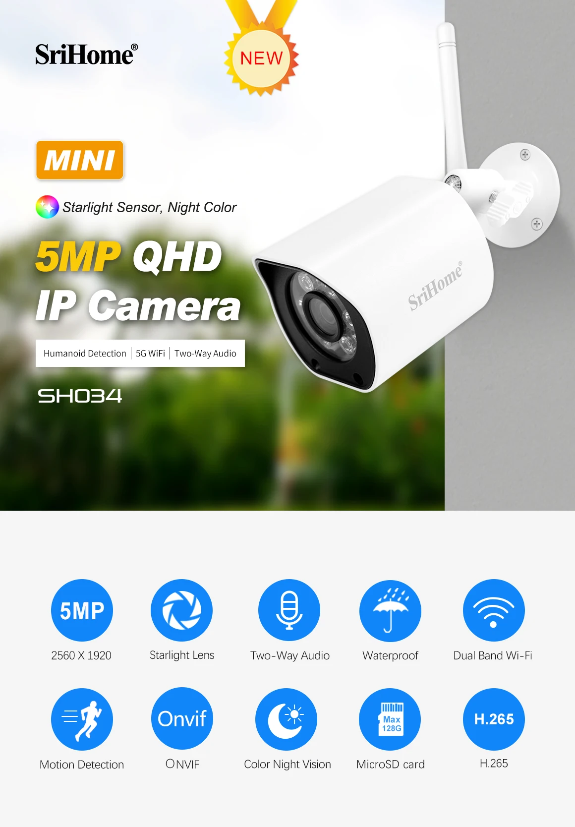 SriHome-Câmera bala IP, Detecção Humanoid AI, Home Security CCTV, Monitor do bebê, Full Color, 5MP, QHD, 2.4G e 5G WiFi, SH034